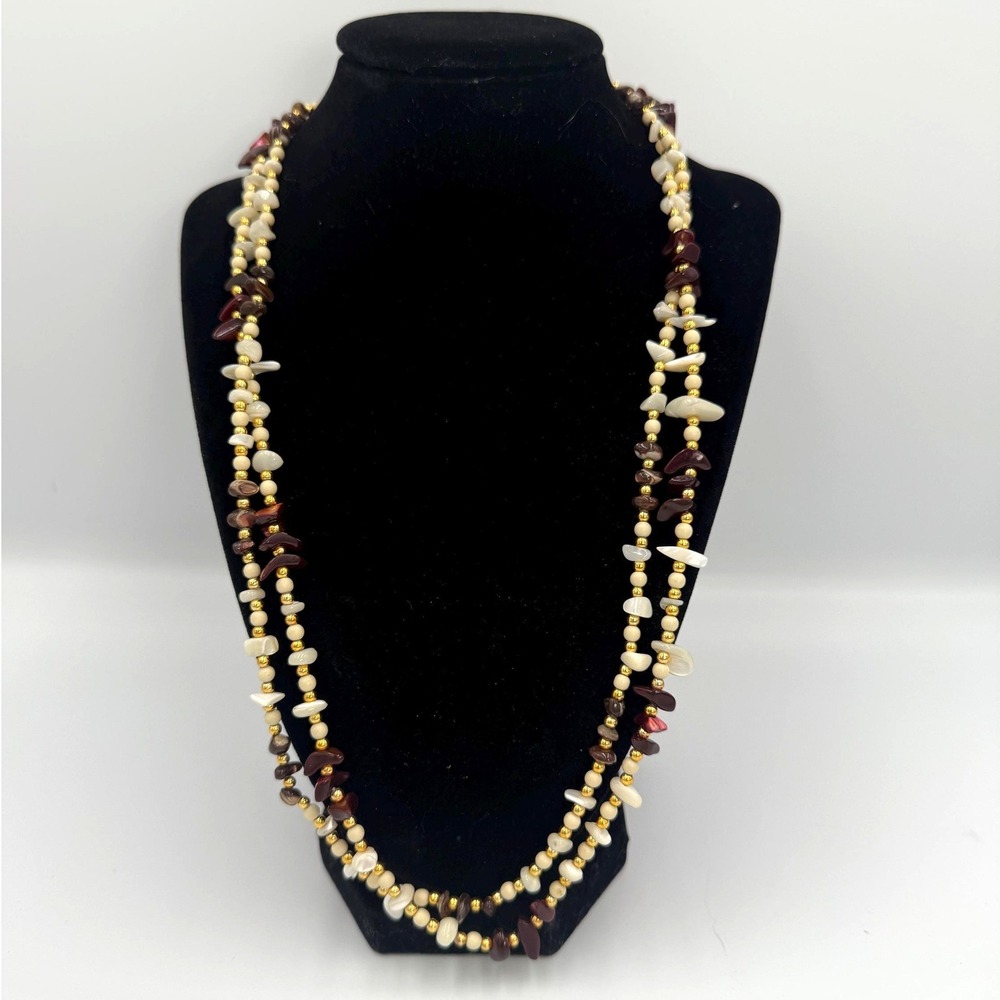 Vintage Multi Strand Beaded Necklace Shell Chip Gold Tone Long Layered